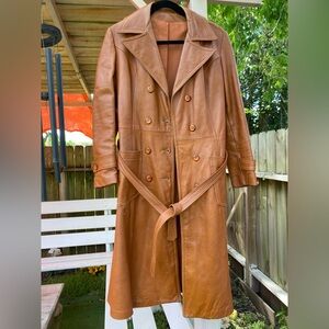 VTG Women's Long Brown Leather Trench Coat with Belt